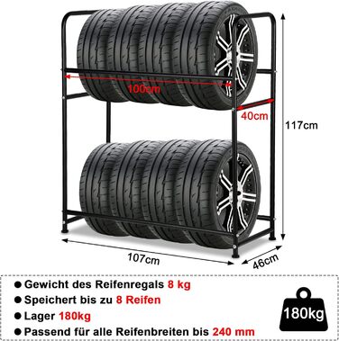 Стеляж для шин на 8 шин, 107 x 46 x 117 см, 2 яруси, регулювання висоти, вантажопідйомність 180 кг, з захисними чохлами для гаража, підвалу, майстерні, 1 шт.
