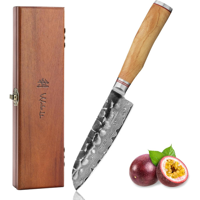 Японський ніж Santoku Wakoli Olive з дамаської сталі (серцевина VG10), 13 см – гострий та ергономічний – ніж з ручкою з оливкового дерева в подарунковій коробці, для овочів та фруктів