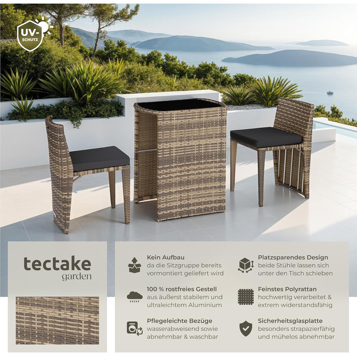 Набір бістро Tectake Poly Rattan, 2 стільці та стіл, група відпочинку на відкритому повітрі - сірий (натуральний No 403769)