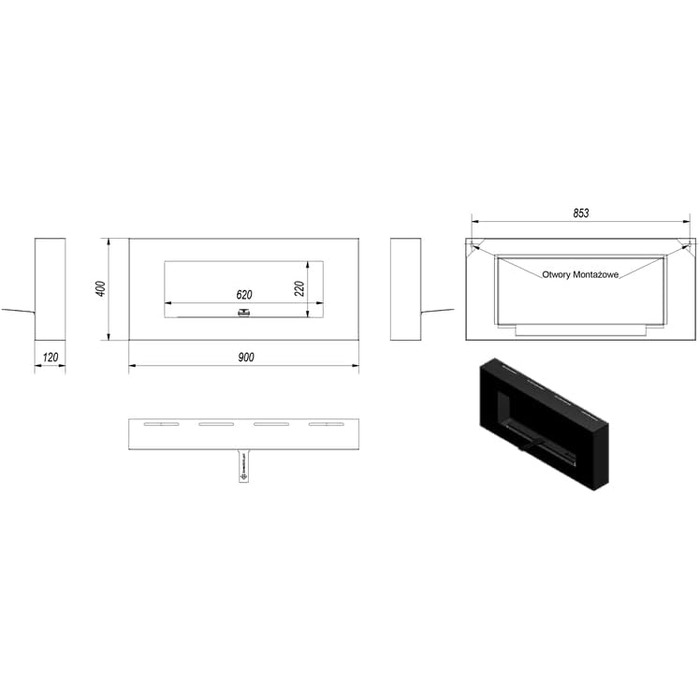 Біокамін Delta Flat Black 400х900 см 0,4 л Настінний камін Протестовано TV Вітрифікація