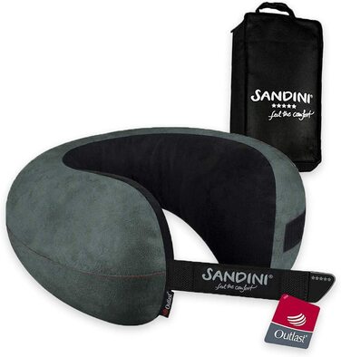 Звичайний розмір SANDINI TravelFix - подушка преміум-класу з мікрофібри європейського виробництва / подушка для шиї з ергономічною функцією підтримки-безкоштовна сумка для перенесення з затискачем для кріплення(Outlast / мікрофібра антрацитова)
