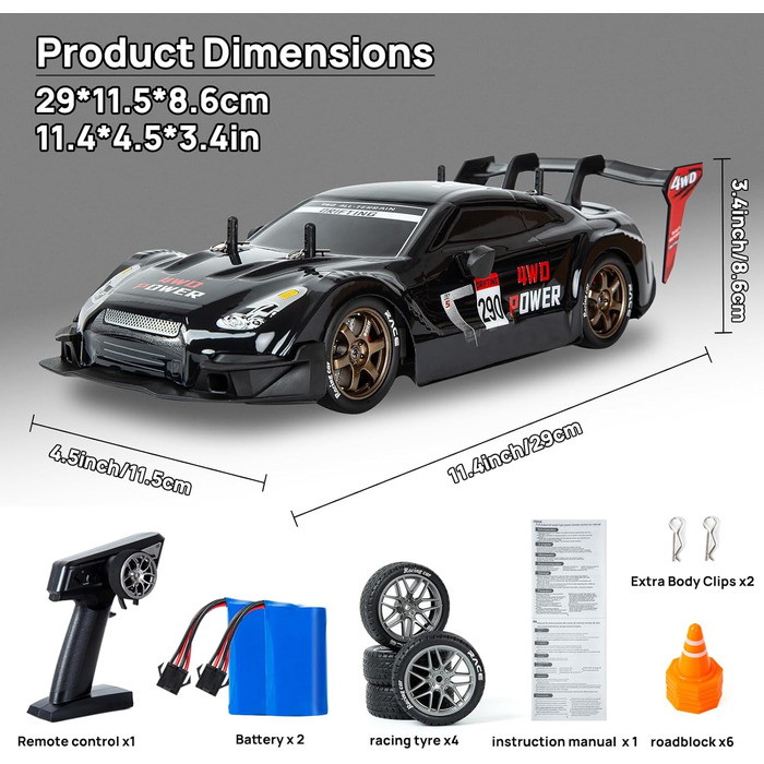 RC Автомобіль для дрифту 1:14 4WD GT – Радіокерування, пропорційний газ, чорний колір – Іграшка для дітей та дорослих