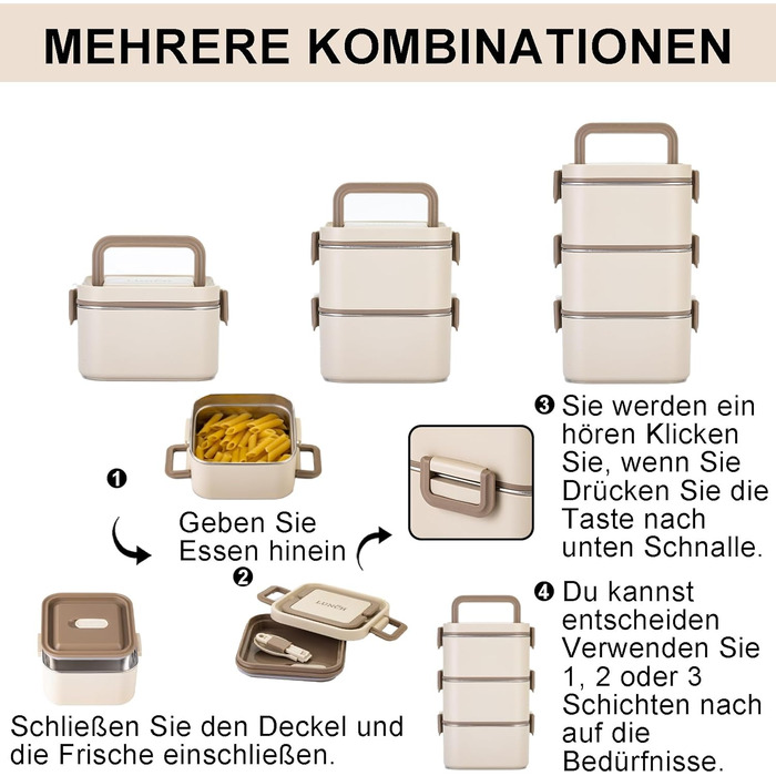 Штабельована коробка для бенто Lille Home, 2100 мл, 3 шари, нержавіюча сталь, 4 відділення, портативна, бежева