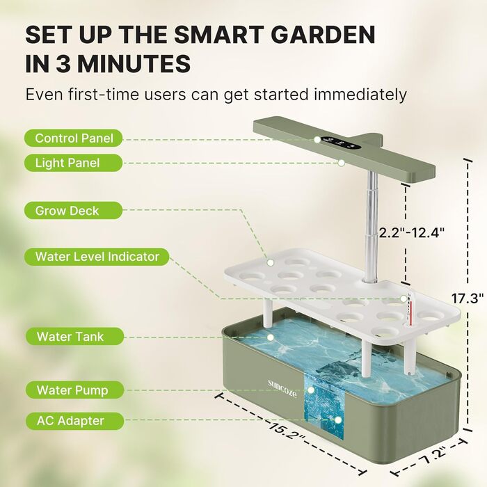 SUNCOZE Гідропонна система вирощування, набір для вирощування трав в приміщенні з LED-лампою, Smart Garden на 12 капсул, 4L резервуар для води, регульована висота, тиха інтелектуальна помпа, для дому, кухні (зелений)