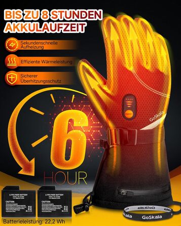 GoSkala Електричні гріючі рукавички для чоловіків, з акумулятором 7.4V 6000Ah, 3 режими нагріву, сенсорний екран, водонепроникні, з функцією Quick Dry, для катання на лижах, зимові рукавички (L, Чорний)