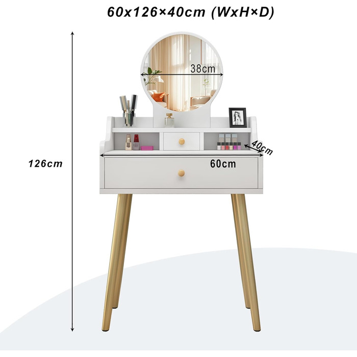Трюмо YuYe з LED-підсвічуванням, регульованою яскравістю, з пуфом, 5 шухлядами та 3 полицями, сучасний дерев'яний комод для макіяжу білого кольору (121)