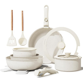 Набір кухонного посуду Bazova Ceramic, 17 предметів: каструлі та сковорідки з антипригарним покриттям, знімні ручки, для індукційних плит, стійкий до подряпин, безпечний для миття в посудомийній машині та випікання в духовці