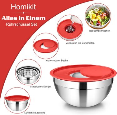 Набір мисок Homikit, 5 шт. з нержавіючої сталі, з кришкою та силіконовим дном, мультифункціональний, для салатів, 6.6L / 3.5L / 2.5L / 1.5L / 1L (червоний, з 3 тертками)