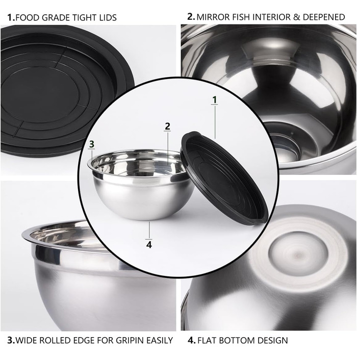 Набір місок для перемішування з кришками, 26 предметів: міски, чаші з нержавіючої сталі для випічки, змішування, подачі та приготування їжі. Об'єми: 5, 3.7, 2.8, 2.3, 1.7, 1.1, 0.7 л + 12 кухонних аксесуарів