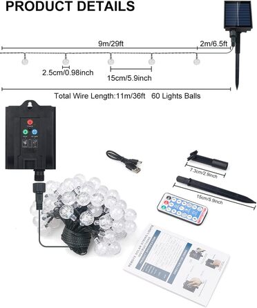 Сонячний струнний світильник SHENKEY, 60 LED, пульт, сонячна/USB, водонепроникний, садовий декор