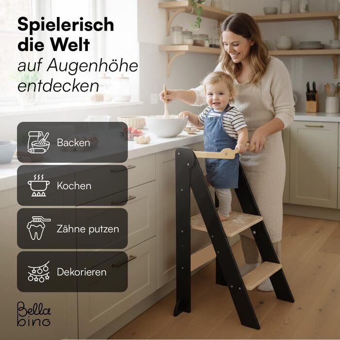 Bellabino Tay - навчальний столик-лесенка для дітей від 1 року. Регульована висота, складаний, білий, дерев'яний (бірка), безпечний, з захистом від перекидання. Montessori