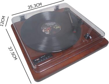 Вініловий програвач із Bluetooth, динаміками, FM-радіо, USB/SD, 33/45/78 об/хв, RCA/AUX, горіх