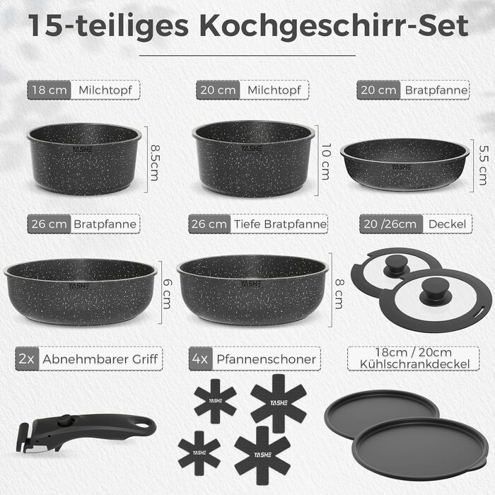 Набір кухонного посуду YASHE 15 предметів: каструлі та сковорідки з гранітно-покриттям, знімні ручки, для індукції, газу та склокераміки (сірий)