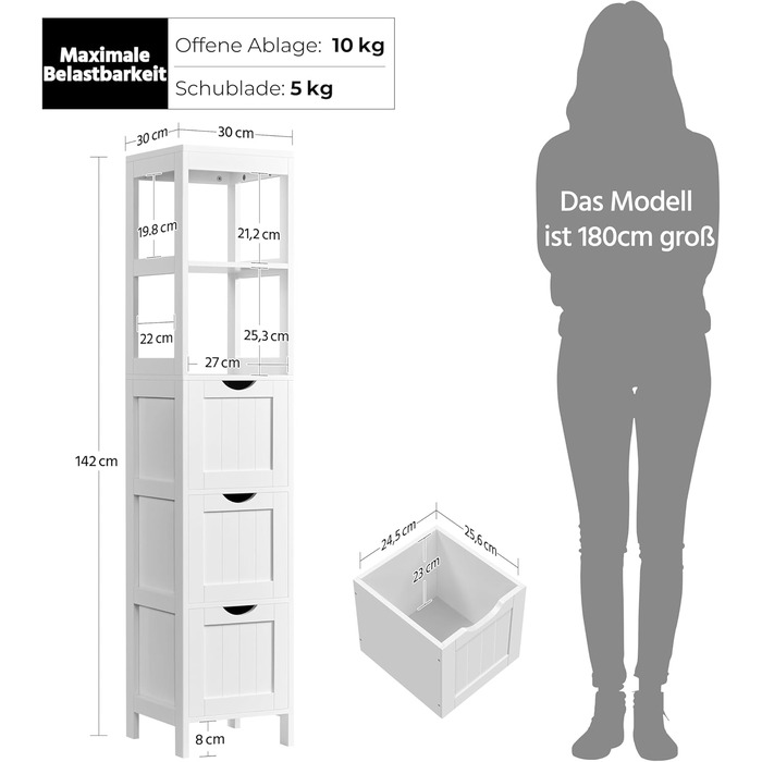 Шафа у ванну кімнату Yaheetech з 3 висувними ящиками та 2 відкритими полицями, 30 x 30 x 142 см, біла