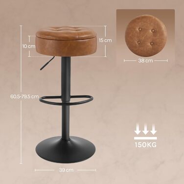 Барні стільці WOLTU 2 шт. з місцем для зберігання, регульовані по висоті, 360° обертання, для кухонної вишки, їдальні, бару, кухні, вітальні, штучна шкіра, метал, коричневий, вінтажний стиль