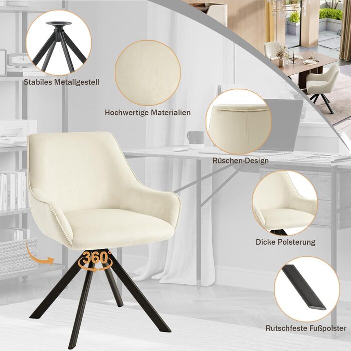 Обідні стільці поворотні, комплект 6 шт. з підлокітниками, 360° - м'які стільці з тканини льон, сучасний дизайн, металевий каркас, для кухні, вітальні, офісу, бежевий