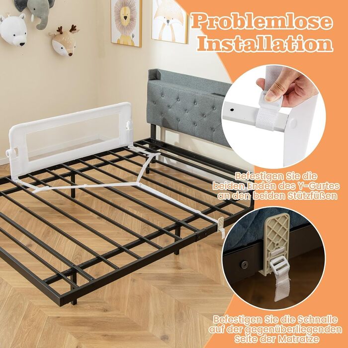 Бортик для ліжка COSTWAY складаний, захисний бар'єр для ліжка з регульованими ременями, швидке складання в один клік, захист від випадання для батьківських та дитячих ліжок (Сірий, 120x42 см)