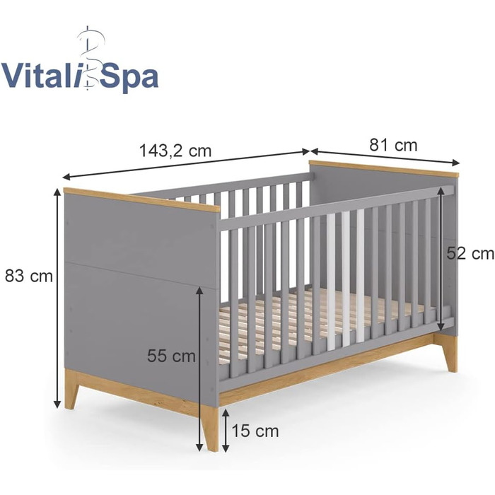 Дитяче ліжко VitaliSpa Malia, /Дуб, 143,2 x 81 см (Сірий, ліжечко з матрацом)