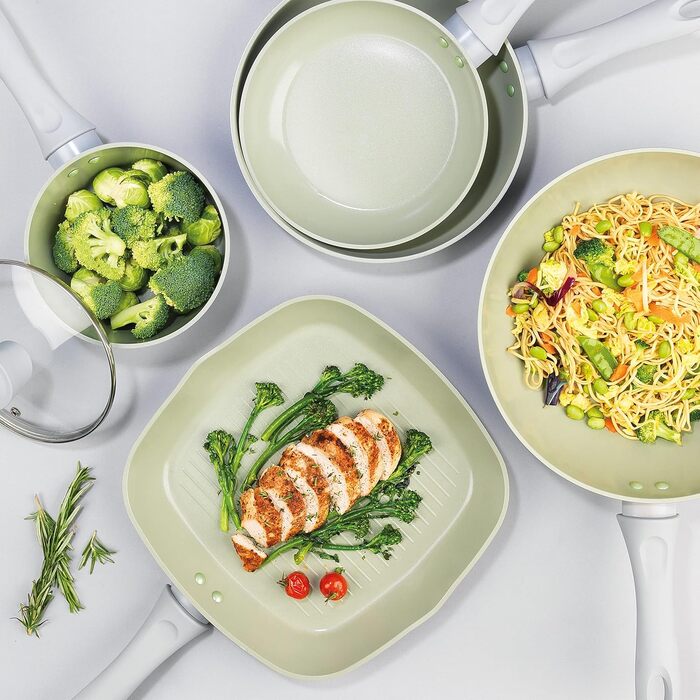 Сковорода-гриль SALTER Earth Grill 28 см з виливом, квадратна, для стейків, сумісна з індукцією, без PFAS/PFOA, алюміній з титановою основою, керамічне покриття, легко миється, з бакелітовою ручкою, зелена