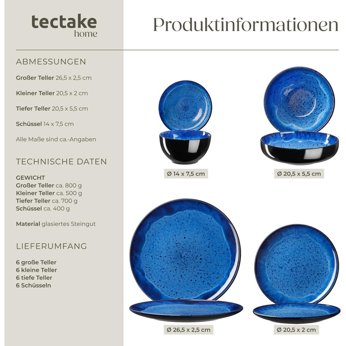 Набір посуду tectake® 30tlg. для 6 осіб, керамічний, з тарілками, мисками та чашками, придатний для миття в посудомийній машині та використання в мікрохвильовці - (24 шт., Nautic Blue)