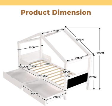 Двоспальне ліжко-хатинка для дітей 90x200 см з шухлядами, з натурального дерева (сосна), білий колір