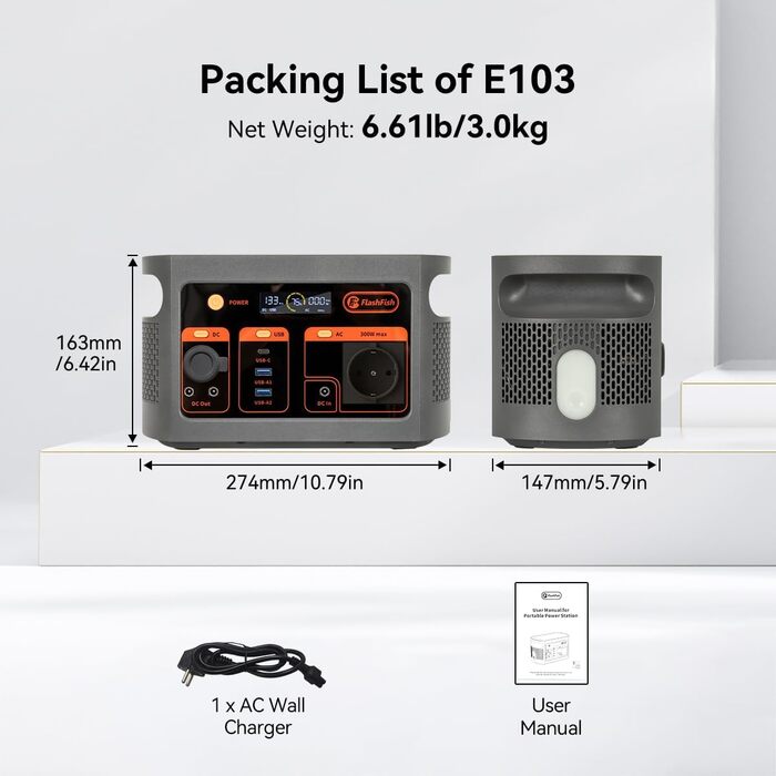 Powerstation FlashFish E103: 300W, 179.2Wh LiFePO4, 3000 циклів, 230V AC, для кемпінгу та подорожей