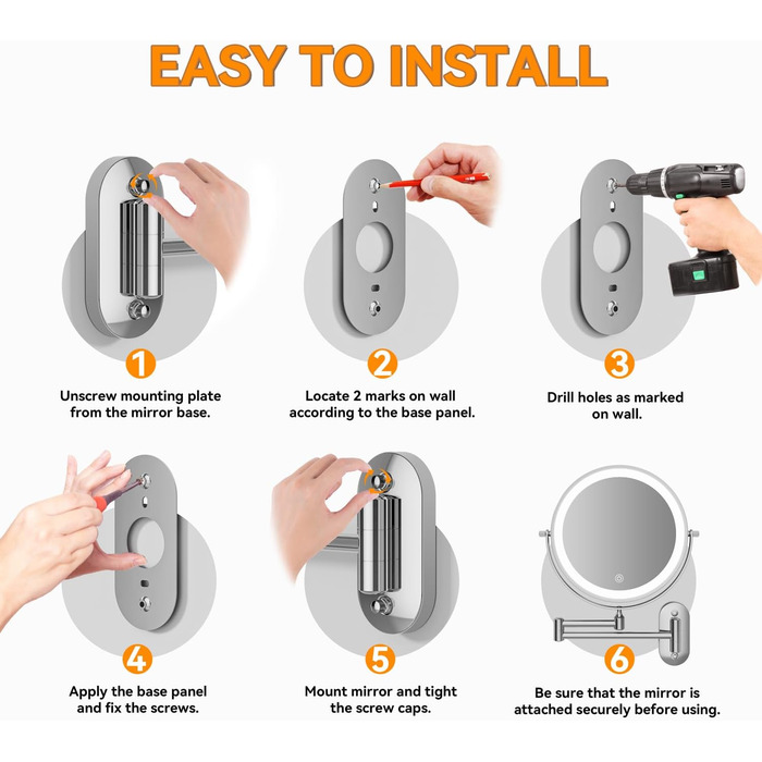 Дзеркало для макіяжу Auxmir з підсвічуванням 1X/30X, перезаряджуване, з LED, для гоління та макіяжу, настінне, поворотне на 360°, з 3 кольорами світла, 3200mAh, срібне