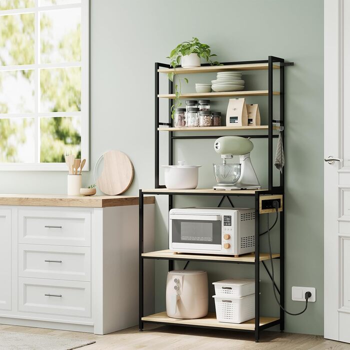 Кухонна полиця WOLTU з 6 ярусами, з розетками, для мікрохвильової печі, з металевим каркасом, регульовані полиці, Чорний+Рустикальний коричневий, 60 x 167 x 40 см