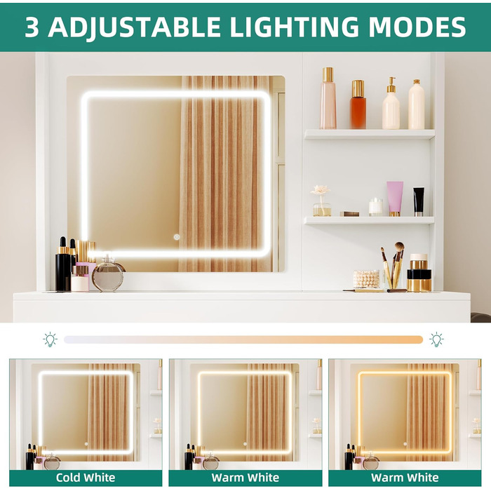 Туалетний столик YITAHOME з підсвіткою та дзеркалом, 4 шухляди, відкриті полиці, чорний (білий)