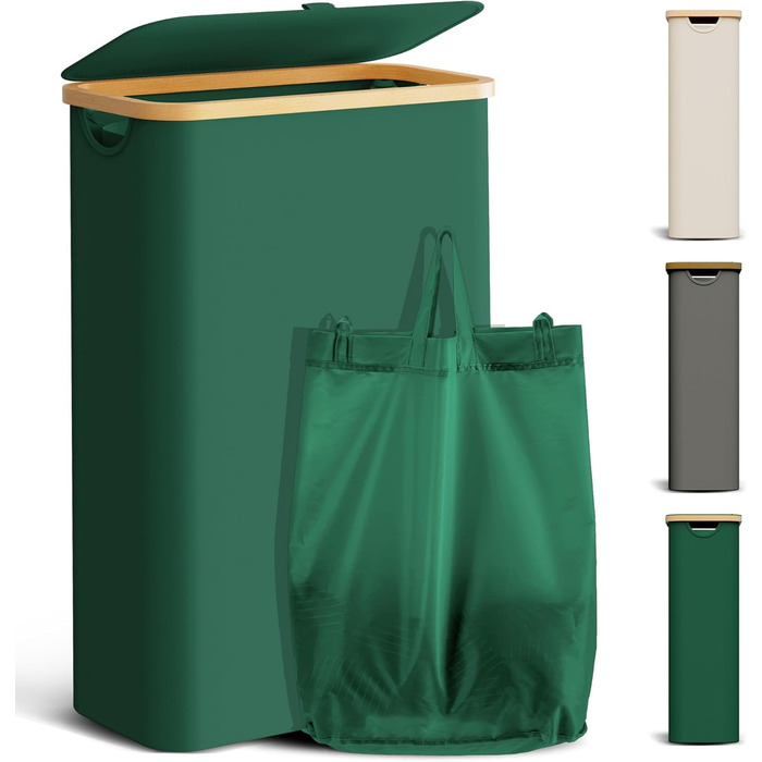 Кошик для білизни Youdenova з кришкою, 48л, вузький, з мішком, сортувальник, бамбук, білий