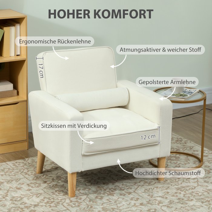 Крісло HOMCOM з підлокітниками, регульованою спинкою та ніжками з каучукового дерева, кремово-біле