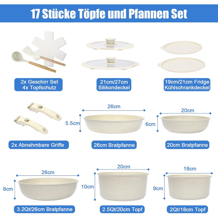 Набір посуду GFTIME 17-ти частинний з антипригарним покриттям Ceramic, для всіх плит (індукція), зі знімними ручками, 20/26 см скляні кришки, без PFOA/PTFE/PFAS