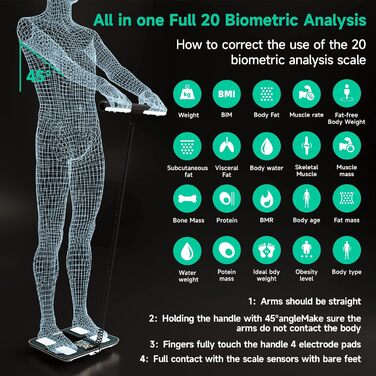 Цифрові датчики та додаток для вимірювання жиру в організмі, аналізатор тіла, клінічно підтверджений, ваги для ванної кімнати з аналізом жиру в організмі, з 8 високоточними датчиками для вимірювання рук і ніг, максимум 180 кг, великі 11,8 дюйма/300 мм