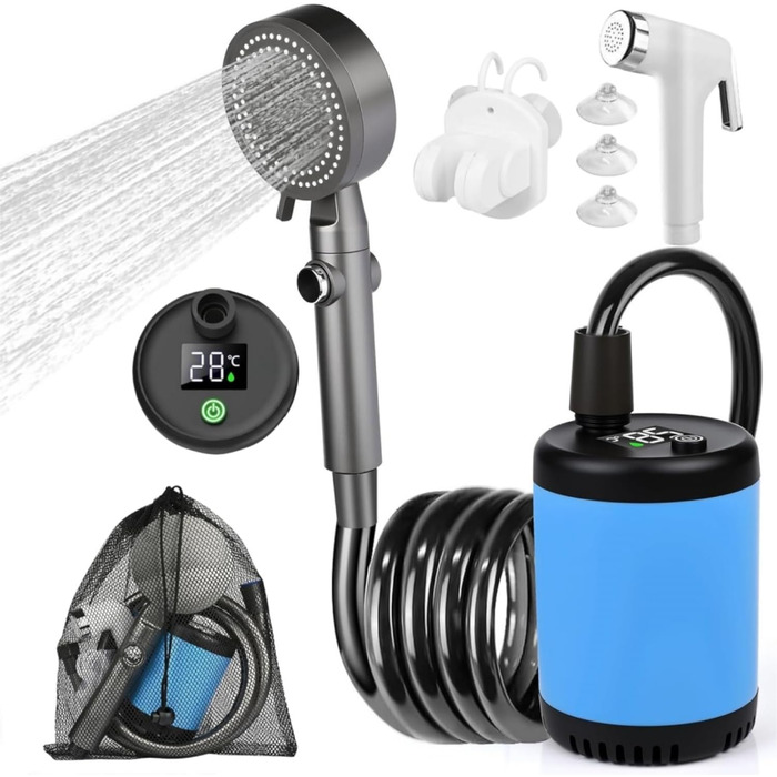 Мобільний душ для кемпінгу з насосом та акумулятором 7800mAh, регульованою лійкою та шлангом. Ідеально для піших прогулянок, кемпінгу та подорожей