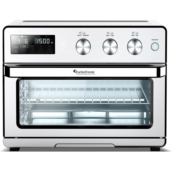 TurboTronic Цифровий конвекційний духовий шафа XXL 32 літри з поворотним шампуром для курки 5-в-1, міні-духовка, сушарка та фритюрниця Airfryer від 25°C, сріблястий