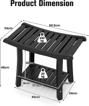 Двомісний стілець для душу HOMASIS з полицею, витримує до 170 кг, з HDPE, з 2 ручками та антиковзними накладками, для літніх людей та дорослих (Чорний)