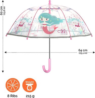 Парасолька PERLETTI прозоро-рожевий для дітей - Дитяча парасолька світловідбиваюча прозора для маленьких дівчаток 3/5 років - Безпечна дитяча парасолька для дітей - Діаметр 64 см Русалка