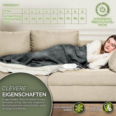 Електрична ковдра з автовимкненням 200 x 180 см | 9 температурних режимів | Ковдра для ліжка та дивану | Електрична ковдра з таймером та цифровим дисплеєм (160x120 см, темно-сіра)