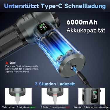 Акумуляторний ручний пилосос 24000Па для авто та дому, бездротовий міні-пилосос з функцією повітряного насоса та обдуву, 6000mAh, сріблясто-фіолетовий