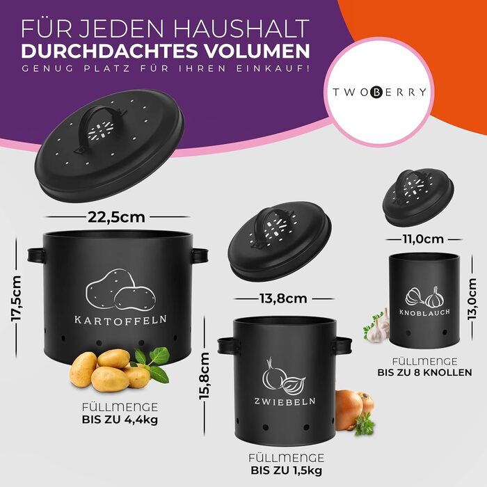 Набір контейнерів для зберігання картоплі, цибулі та часнику [3 шт] з овочечисткою, чорного кольору