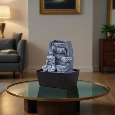 Кімнатний фонтан для дому у стилі Фен-Шуй з LED підсвічуванням, 24 см, сірий