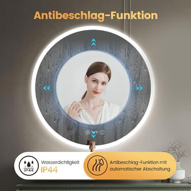 Дзеркало для ванної кімнати YOLEO з підсвічуванням 70см, LED дзеркало з Bluetooth, сенсорне управління, захисне скло, 3 кольори світла, регулювання яскравості, 70x70 см