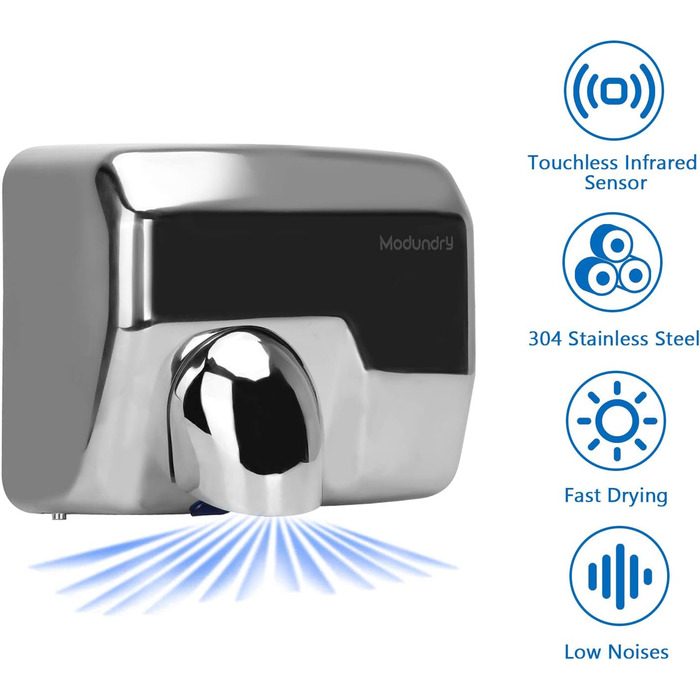 Електричний сушар для рук автоматичний, високошвидкісний, нержавіюча сталь, 2300W, настінний монтаж, сушка за 8-10 секунд, для комерційних туалетів
