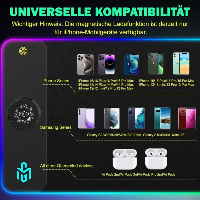 Ігрова підставка для миші RGB з бездротовою зарядкою Qi 15W, LED-підсвічування, 10 режимів, водонепроникна, протиковзна, для геймінгу, ПК, офісу (чорний PU)