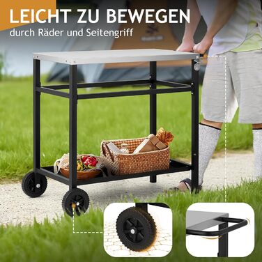 Гриль-вагон LEADZM - гриль-стіл для вулиці, 95 x 45 x 83 см, стіл з нержавіючої сталі срібного кольору, на колесах, мобільний, сервірувальний візок для садів, чорний, 95x45x83 см