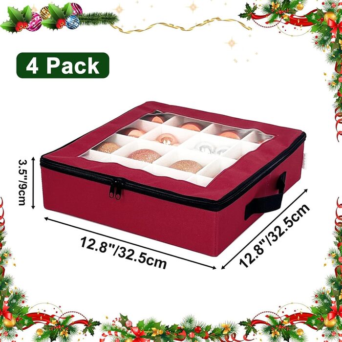 Коробка для прикрас на ялинку VERONLY з перегородками, складана, з ручками та кришками (4 шт., червона)