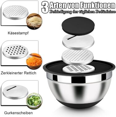 Набір місок Homikit з нержавіючої сталі, 6 шт. з тертками, кришкою та силіконовим дном, 4.6/2.8/2.5/1.6/1.2/0.7 л, чорний