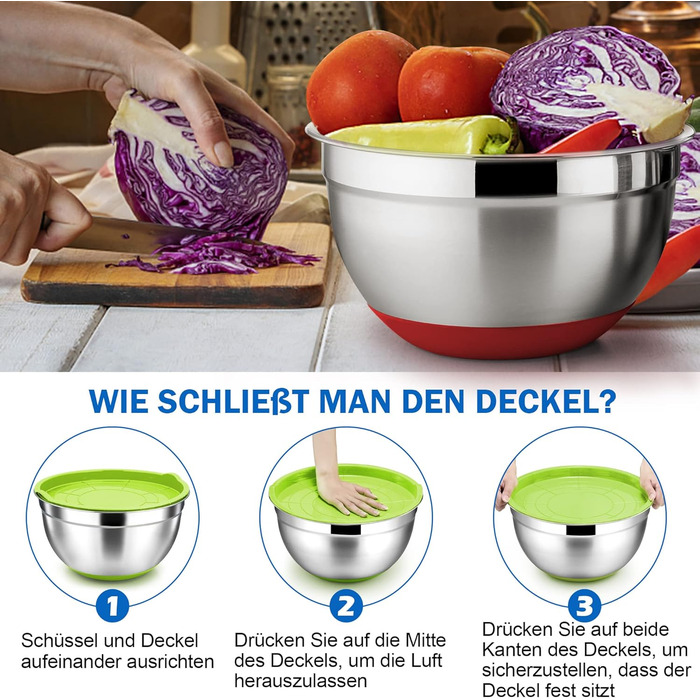 Набір мисок Herogo (6 шт.) з нержавіючої сталі з кришками, 6,7л/3,3л/2,5л/1,5л/1,2л/0,7л. Складаються, для приготування, випічки та зберігання. Можна мити в посудомийній машині (кольорові)