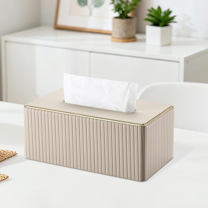 Склянка для серветок KINGFOM з золотим краєм, з PU шкіри, для вітальні, ванної кімнати та офісу (Бежева, прямокутна)