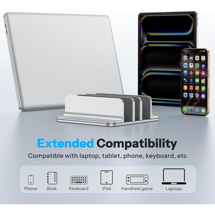 Підставка для ноутбука OMOTON 3 в 1, алюміній, регульована, до 17.3 дюйма, сумісна з MacBook, Android, срібна